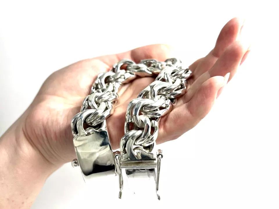 Heavy Taxco Mexican 925 Sterling Silver Garibaldi Chain Bracelet. 7.5",208 grams