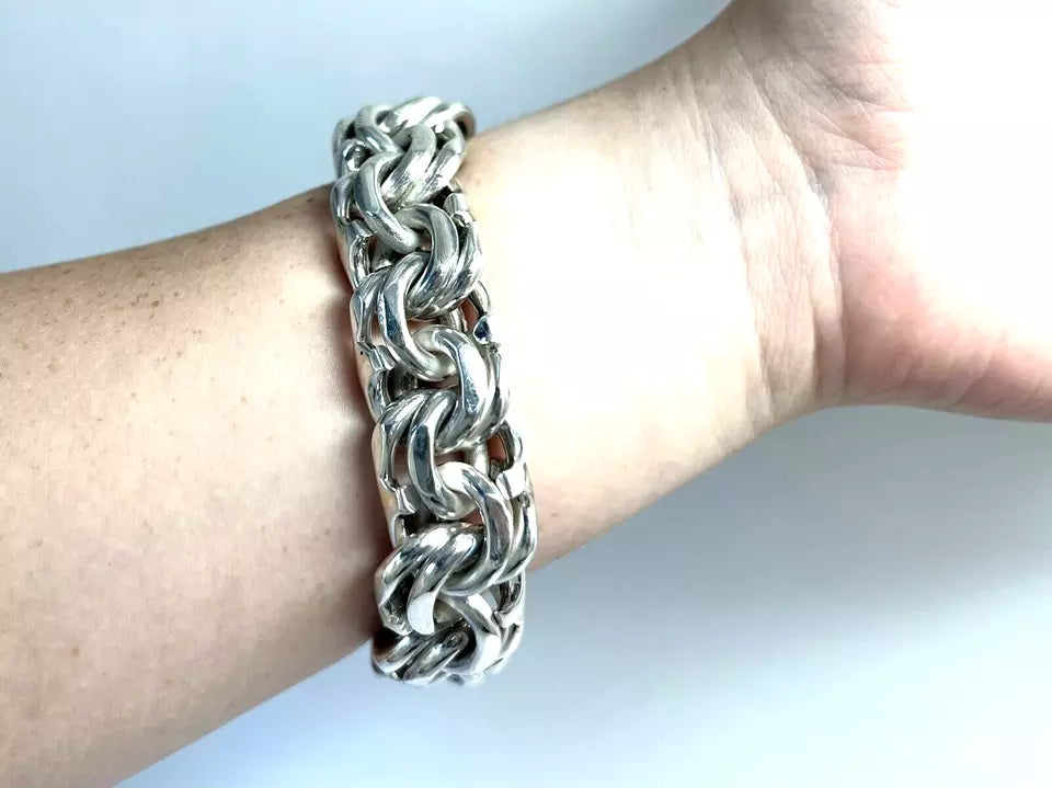 Heavy Taxco Mexican 925 Sterling Silver Garibaldi Chain Bracelet. 7.5",213 grams