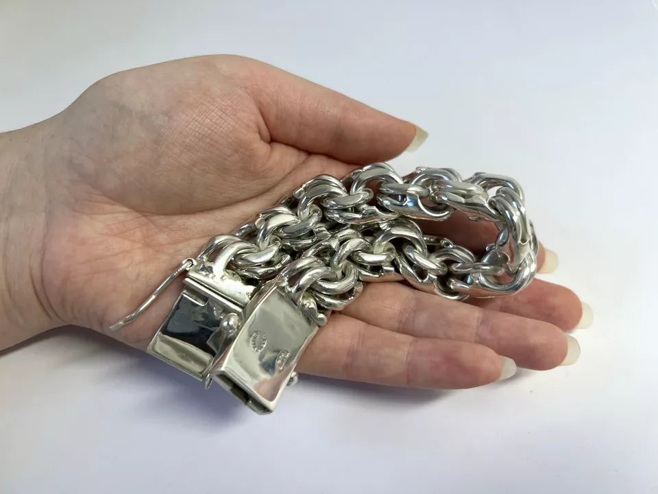 Heavy Taxco Mexican 925 Sterling Silver Garibaldi Chain Bracelet. 7.5",213 grams