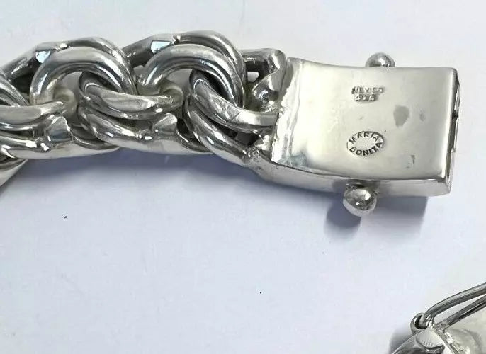 Heavy Taxco Mexican 925 Sterling Silver Garibaldi Chain Bracelet. 7.5",213 grams