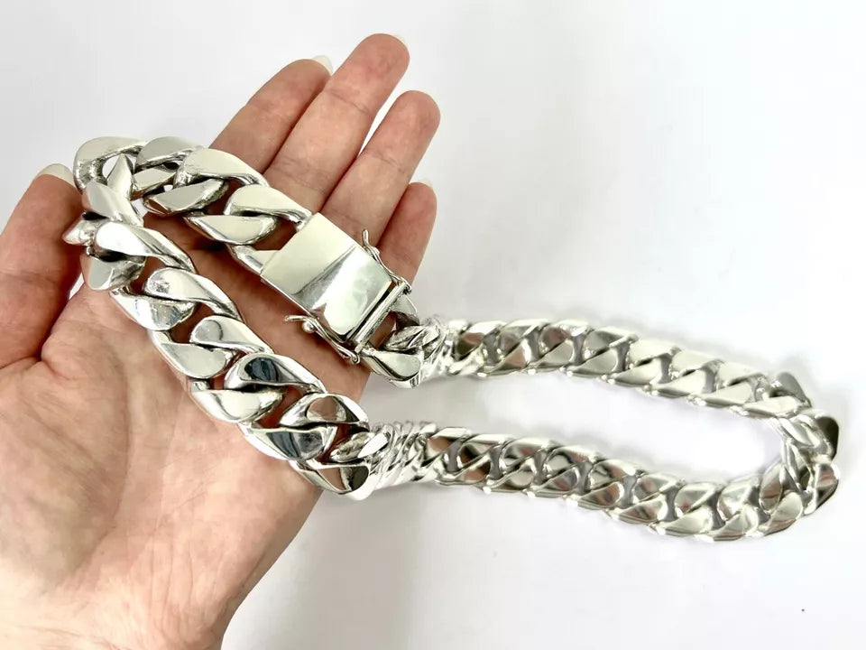 Long Taxco Mexican 925 Sterling Silver Curb Chain Necklace. 26", 65cm, 645 grams
