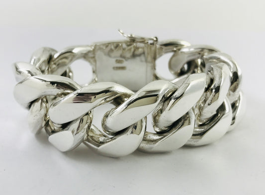 Magnificent Taxco Mexico 925 Sterling Silver Curb/Cuban Chain Bracelet. 7.9" 415 grams