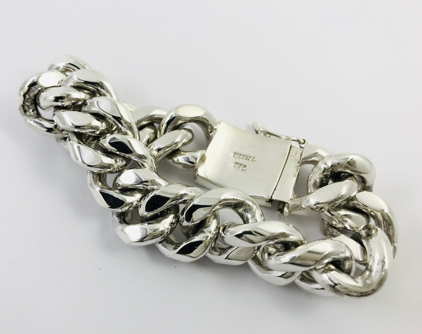 Big Heavy Taxco Mexico 925 Sterling Silver Curb Chain Bracelet. 8.7", 305 grams