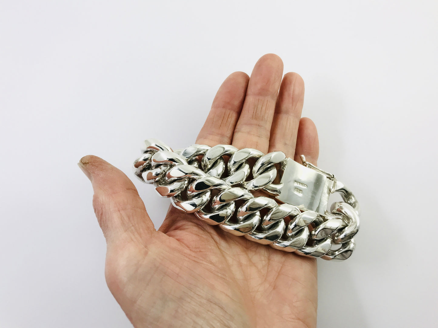 Big Heavy Taxco Mexico 925 Sterling Silver Curb Chain Bracelet. 8.7", 305 grams