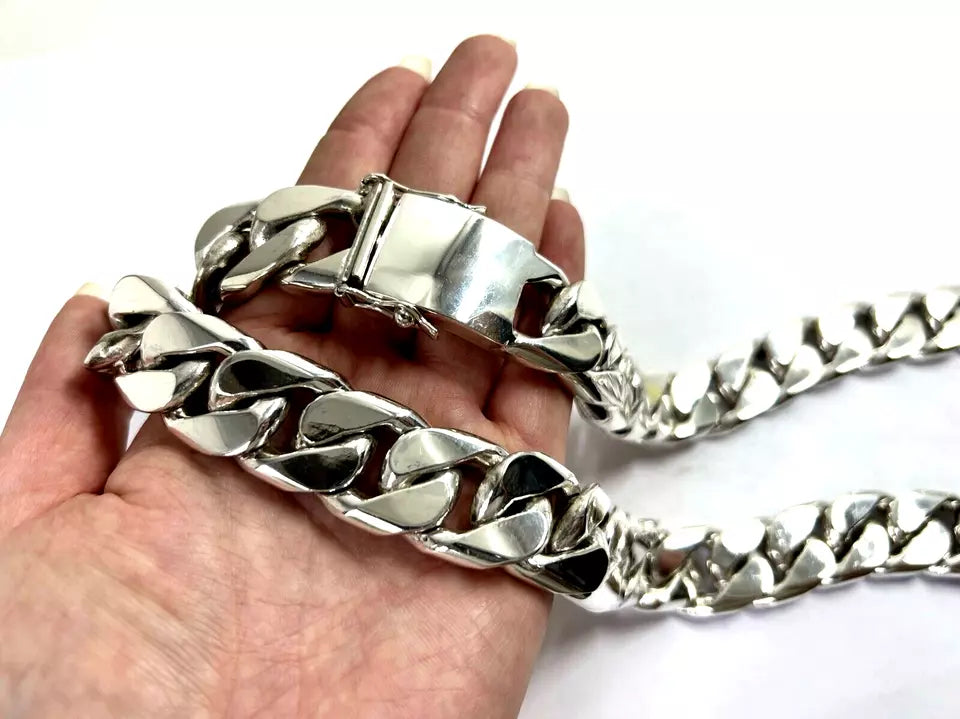 Very Long Heavy Taxco, Mexican 925 Sterling Silver Curb Chain Necklace. 747g 30"