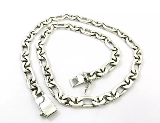 Taxco Mexican 925 Sterling Silver C-Link Figaro Chain Necklace. 24", 123 grams