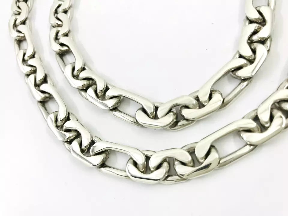 Taxco Mexican 925 Sterling Silver C-Link Figaro Chain Necklace. 24", 123 grams
