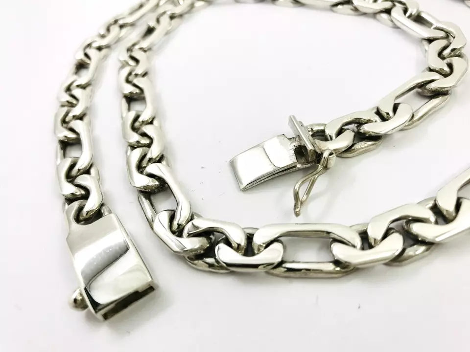 Taxco Mexican 925 Sterling Silver C-Link Figaro Chain Necklace. 24", 123 grams